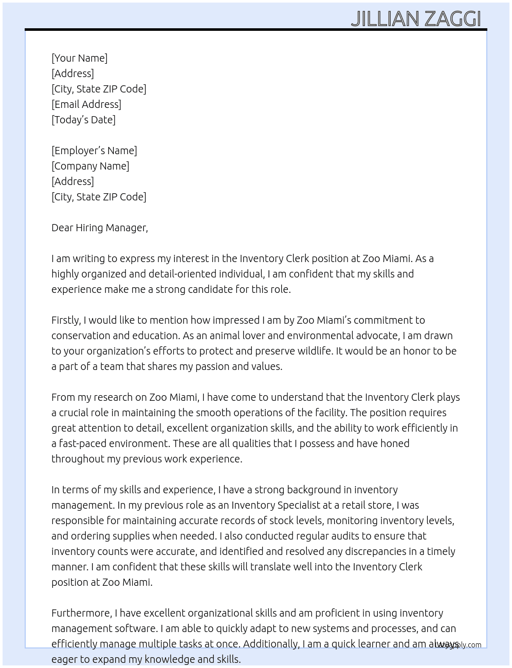 Inventory Clerk  At Zoo Miami  Cover Letter