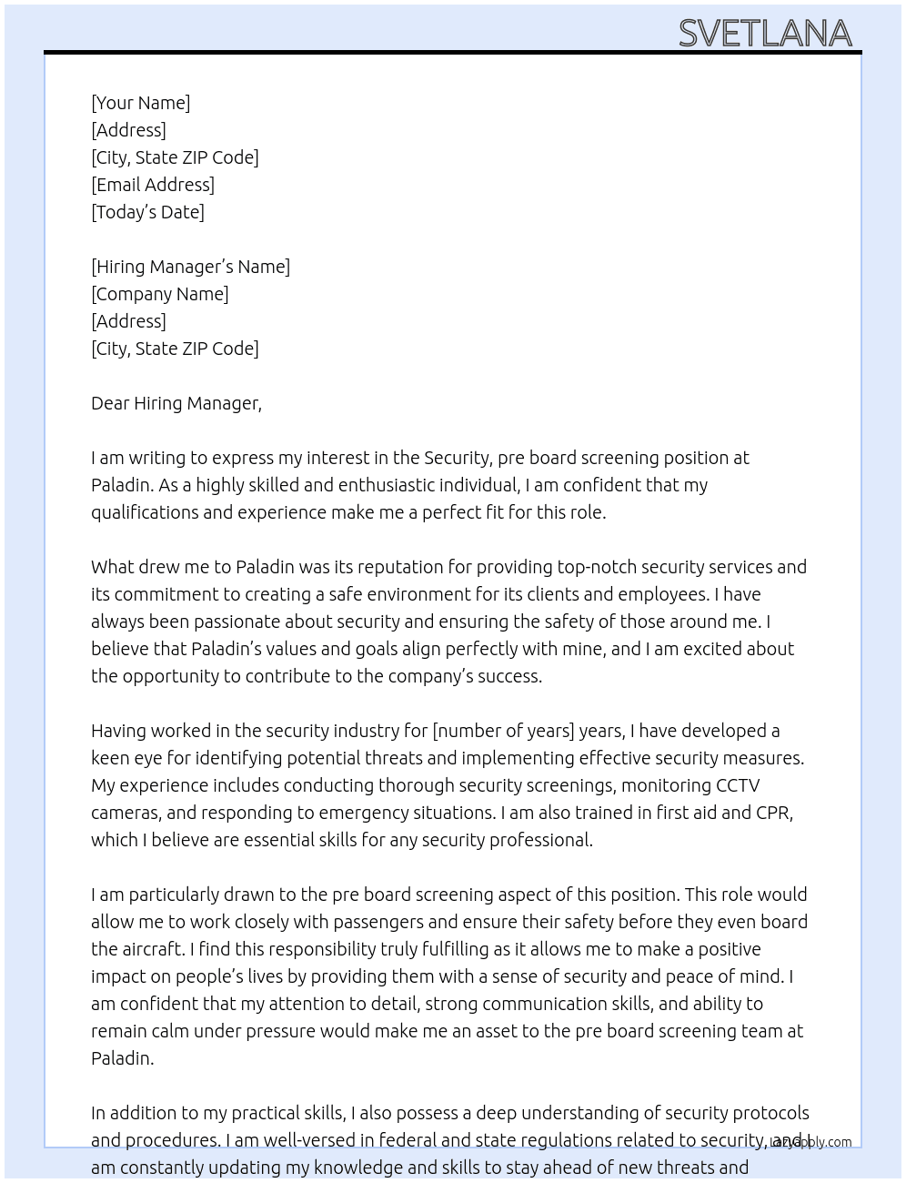 Security, pre board screening  At Paladin  Cover Letter