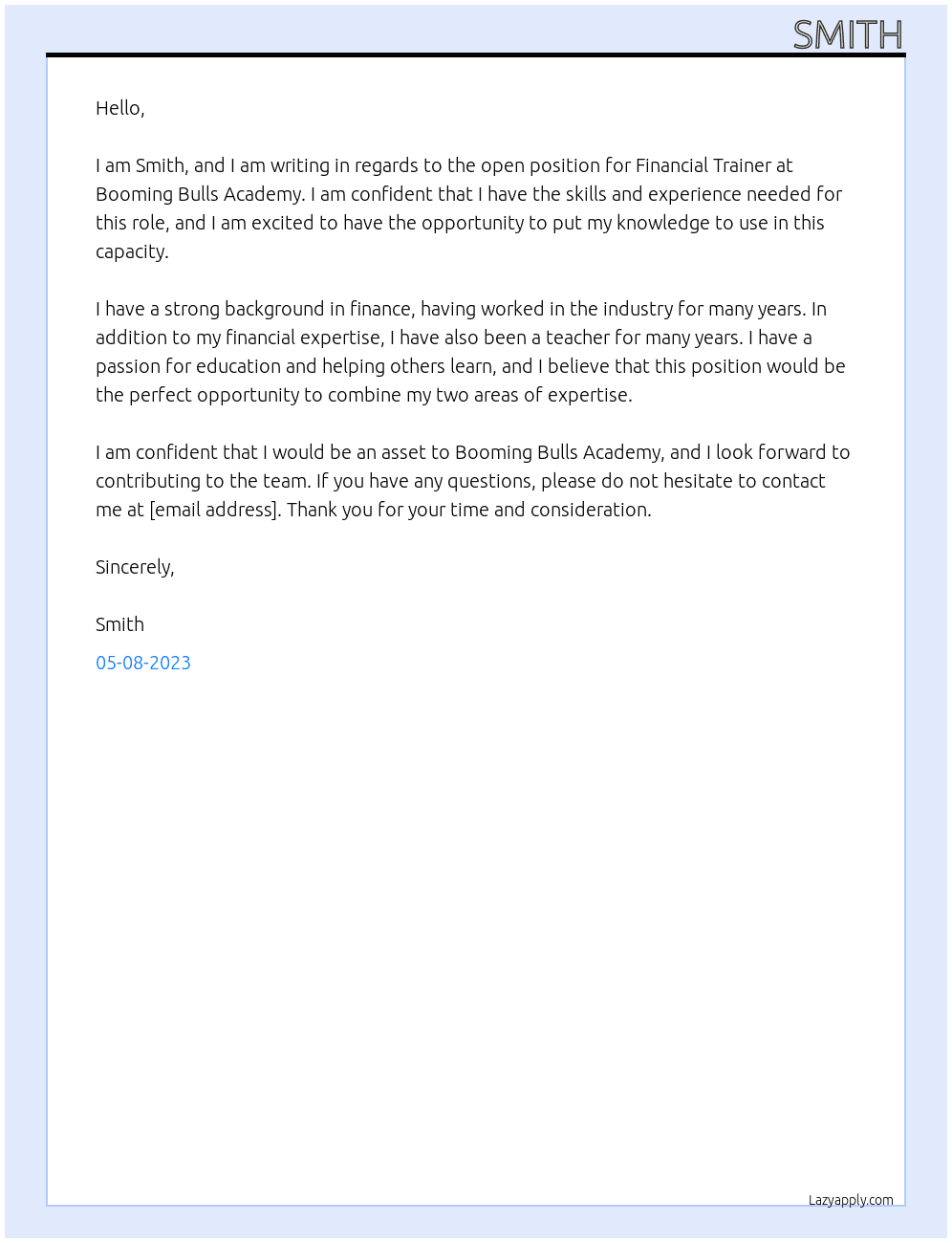 Financial Trainer At Booming Bulls Academy Cover Letter