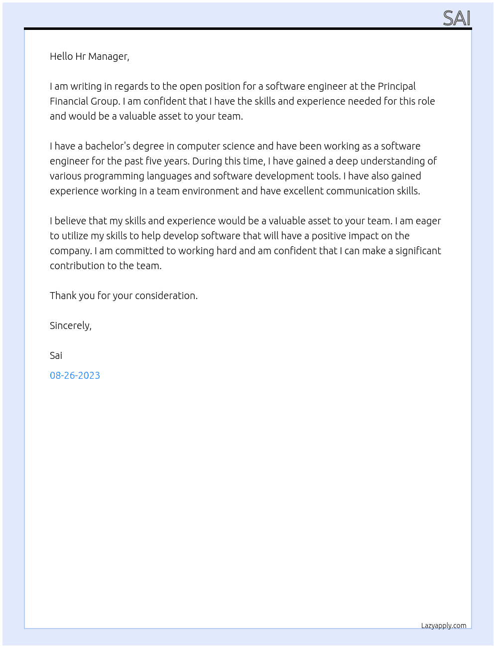 software engineer At Principal Financial Group Cover Letter