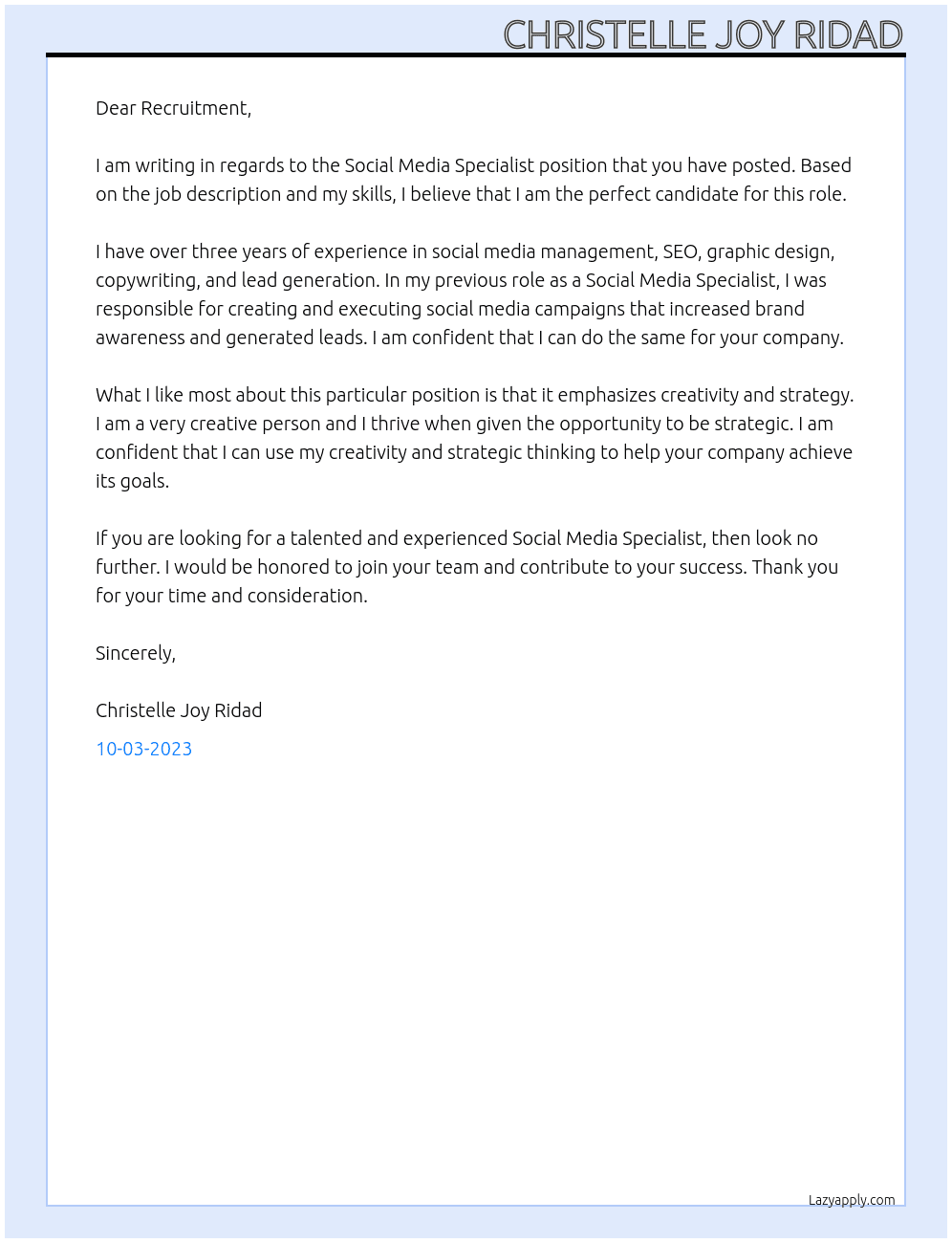Social Media Specialist At FEU Tech Cover Letter