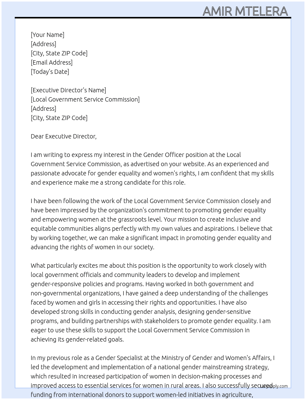 Gender officer  At Local Government Service Commission Cover Letter