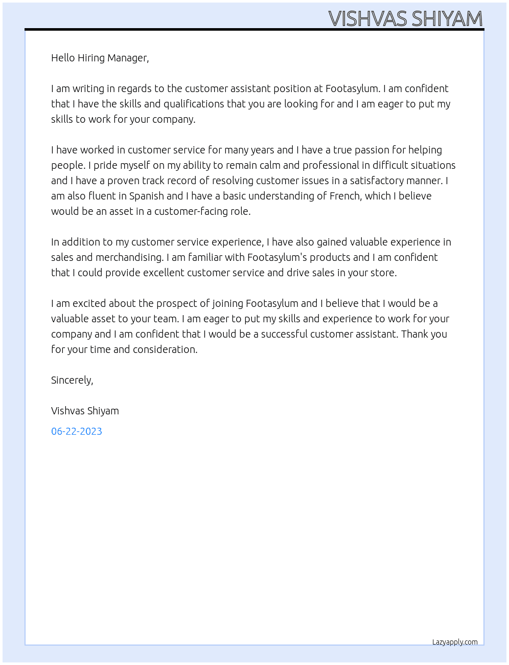 Customer assistent  At footasylum  Cover Letter