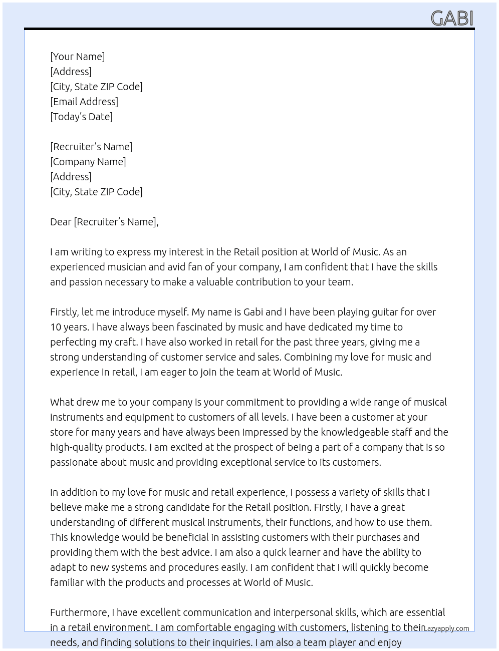 Retail At World of Music Cover Letter