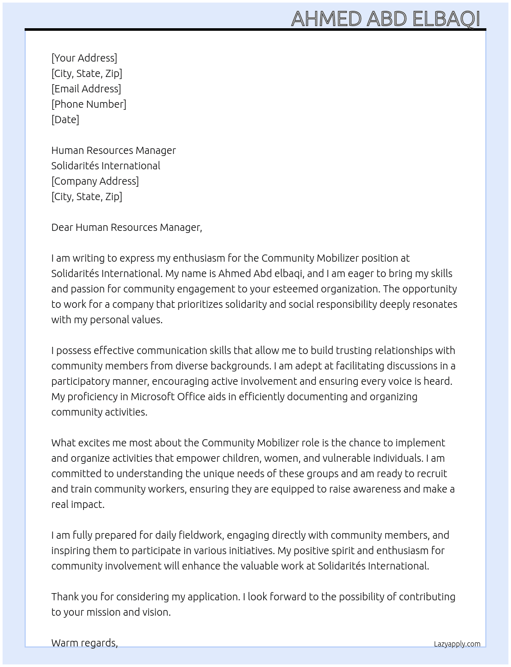 community mobilizer  At Solidarités international Cover Letter