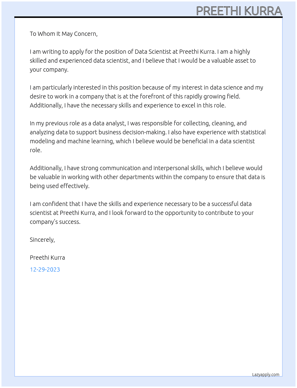 Data Scientist At Preethi Kurra Cover Letter