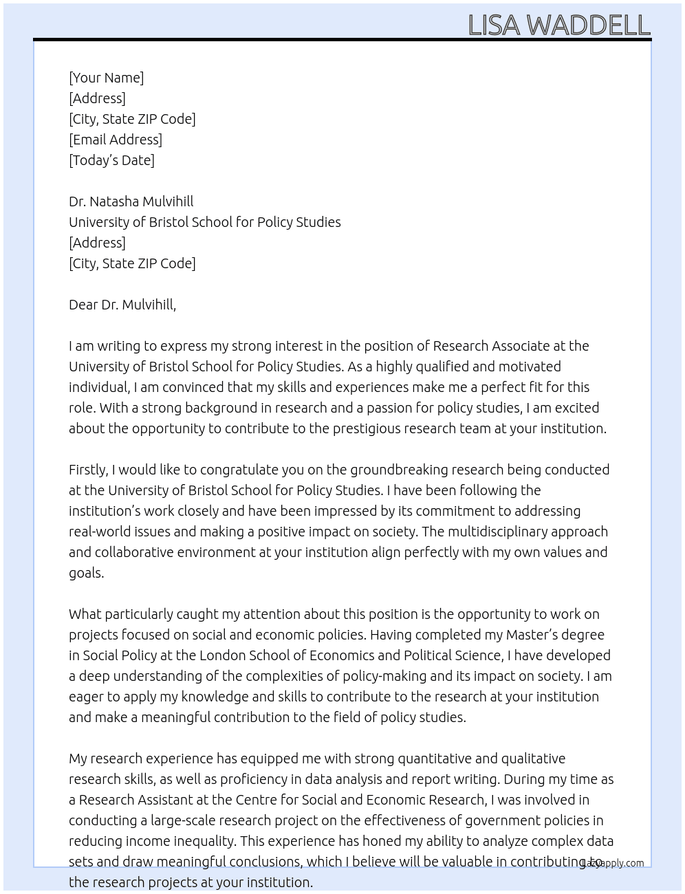 research associate At University of Bristol School for Policy Studies Cover Letter
