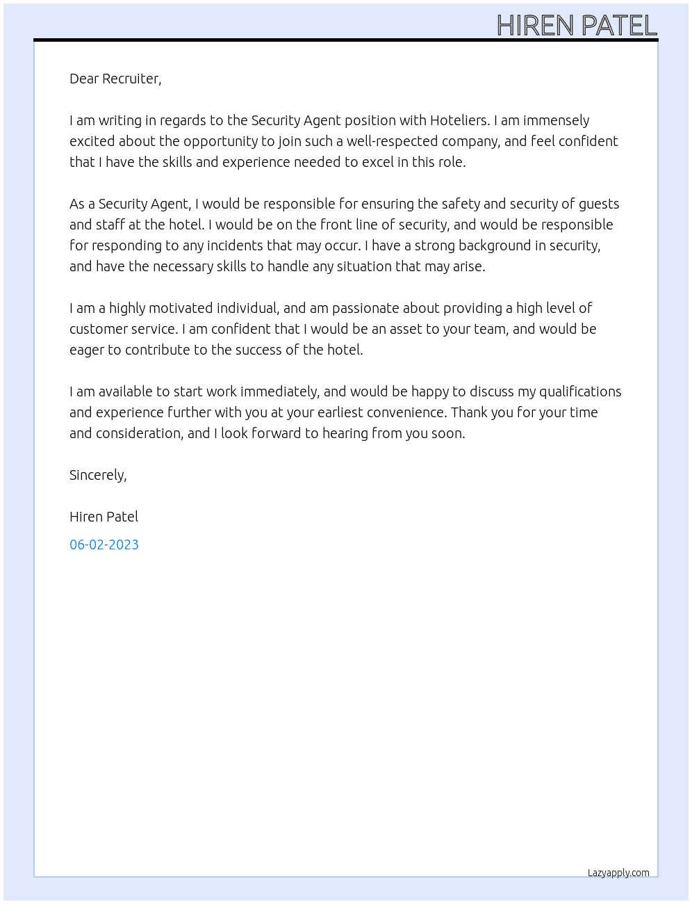 Security Agent At Hoteliers Cover Letter