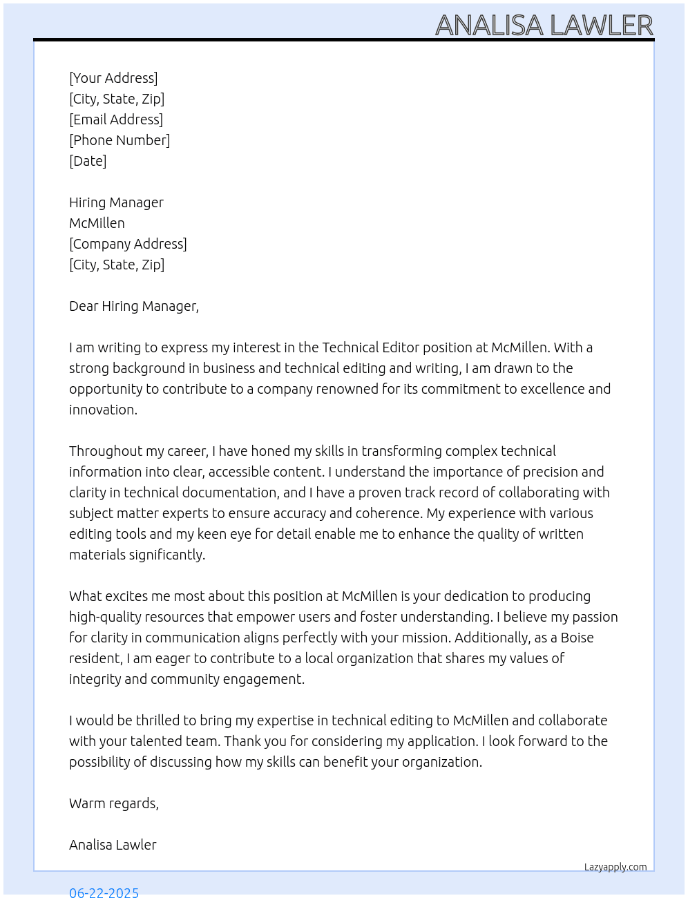 Technical Editor At Mcmillen Cover Letter