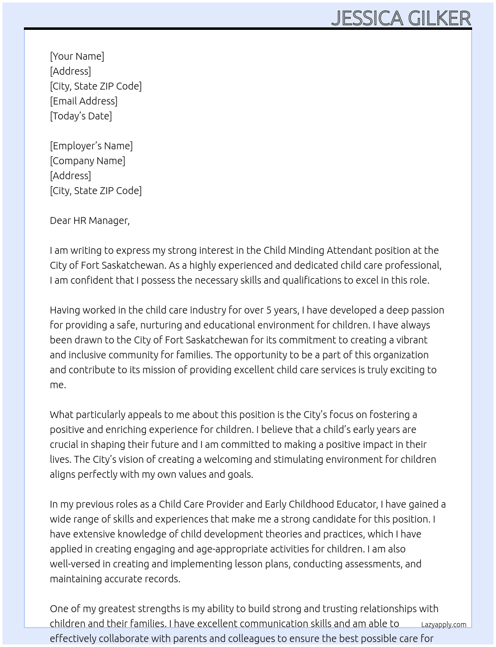 Child Minding Attendant At City of Fort Saskatchewan Cover Letter