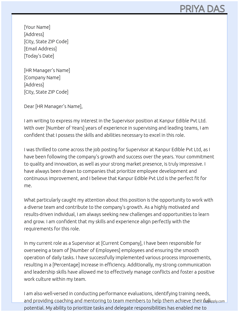 Supervisor  At Kanpur edible Pvt Ltd  Cover Letter