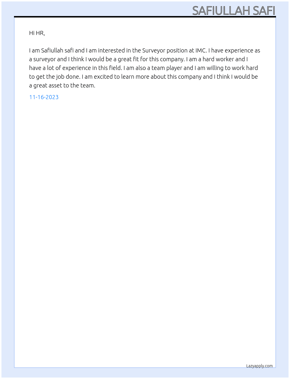 Surveyor At IMC Cover Letter