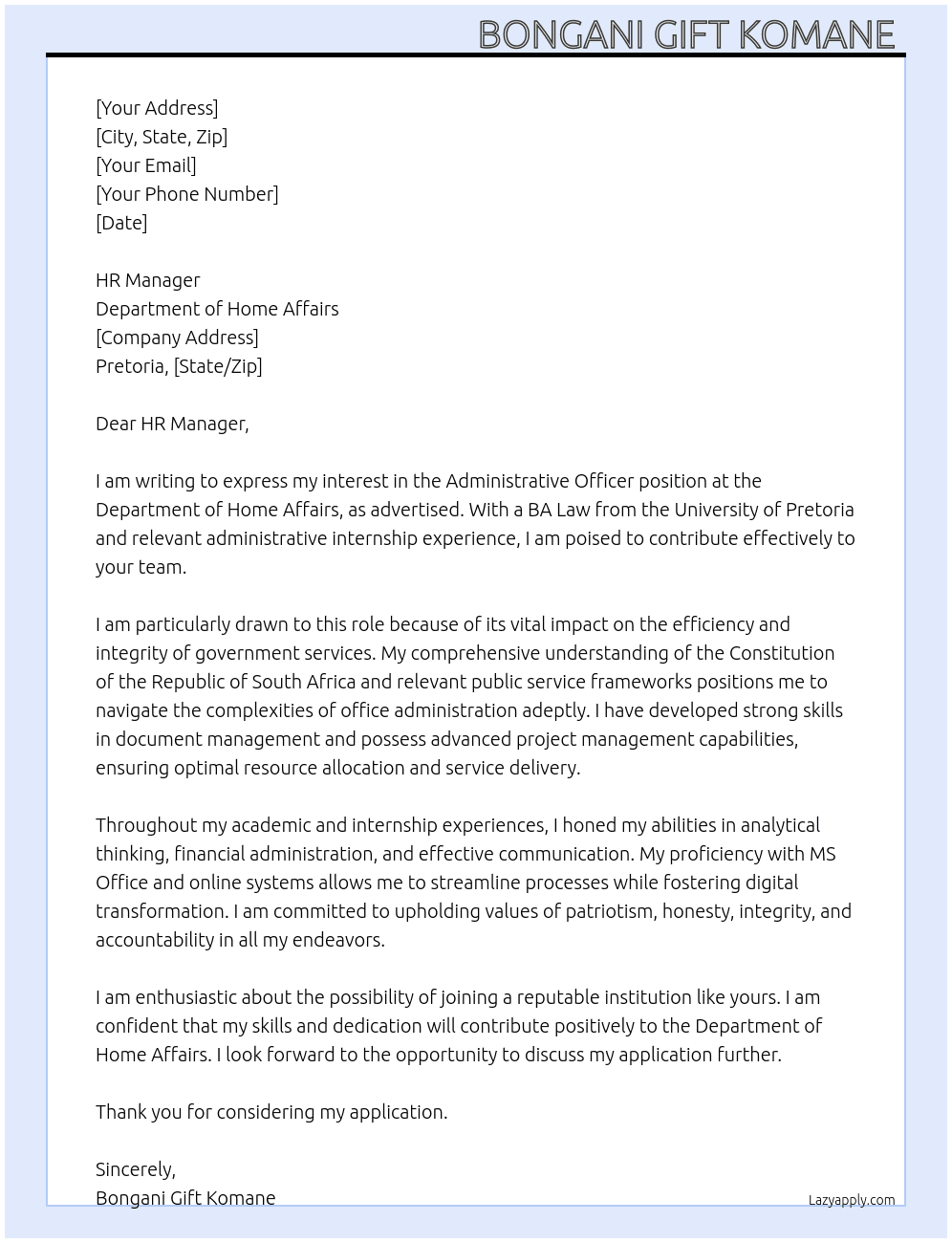 Administrative Officer At Department of Home Affairs Cover Letter