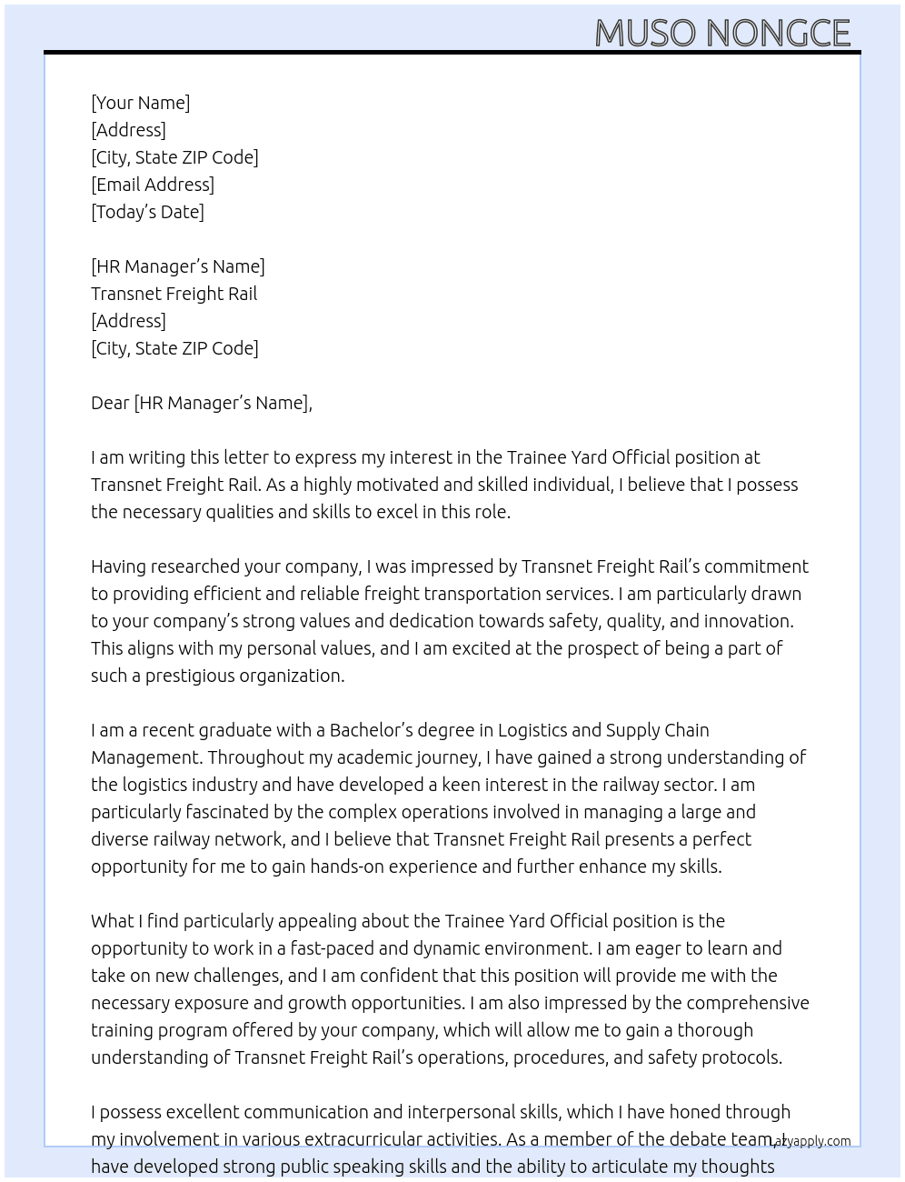 Trainee yard official  At Transnet Freight Rail  Cover Letter