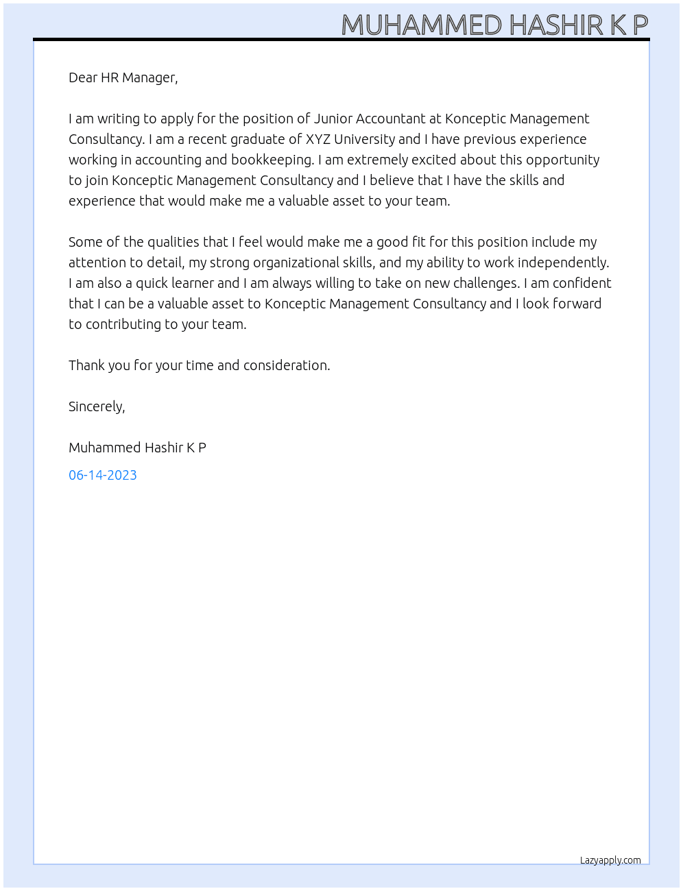 Junior Acccountant At Konceptic Management Consultancy Cover Letter