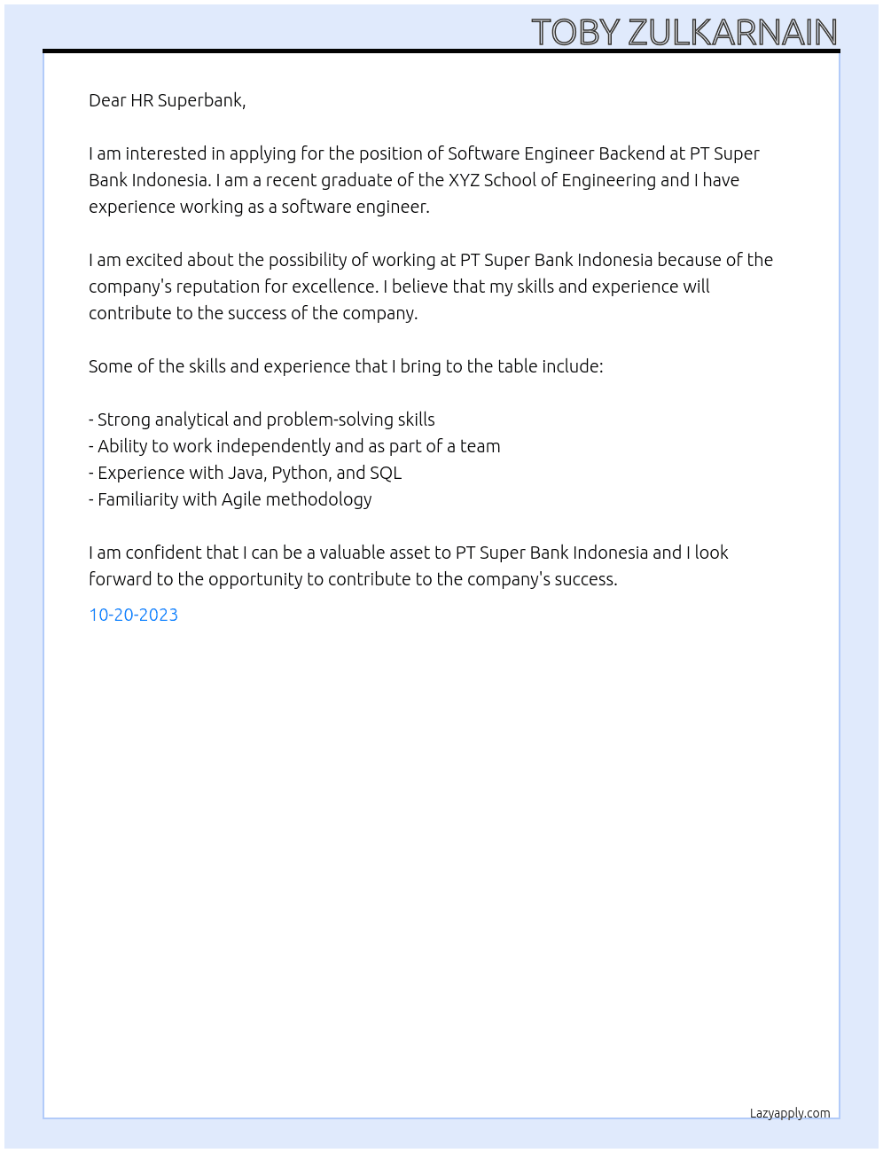 Software Engineer Backend At PT Super Bank Indonesia Cover Letter