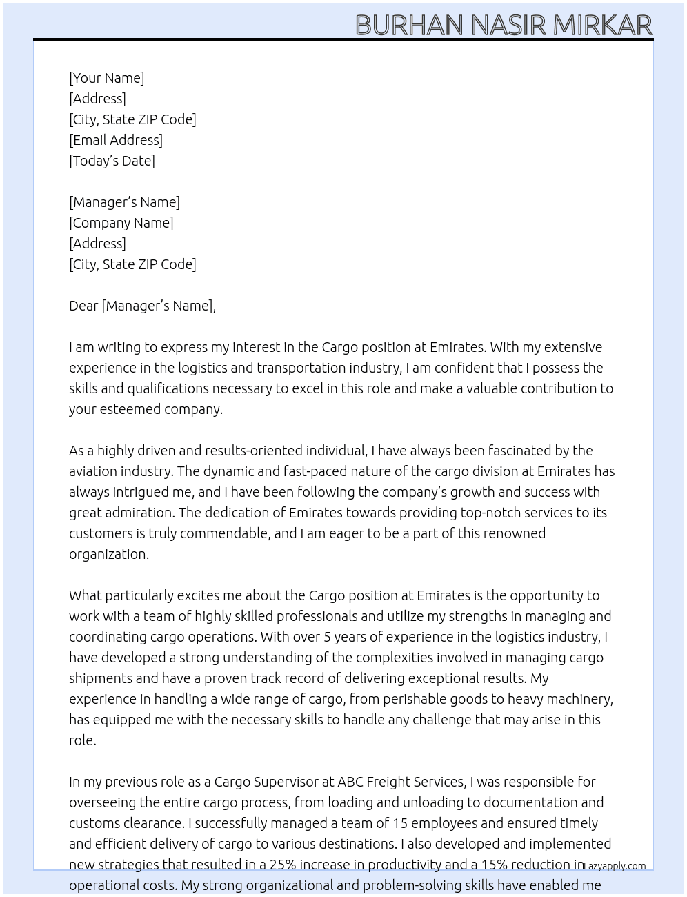 Cover letter for cargo - LazyApply