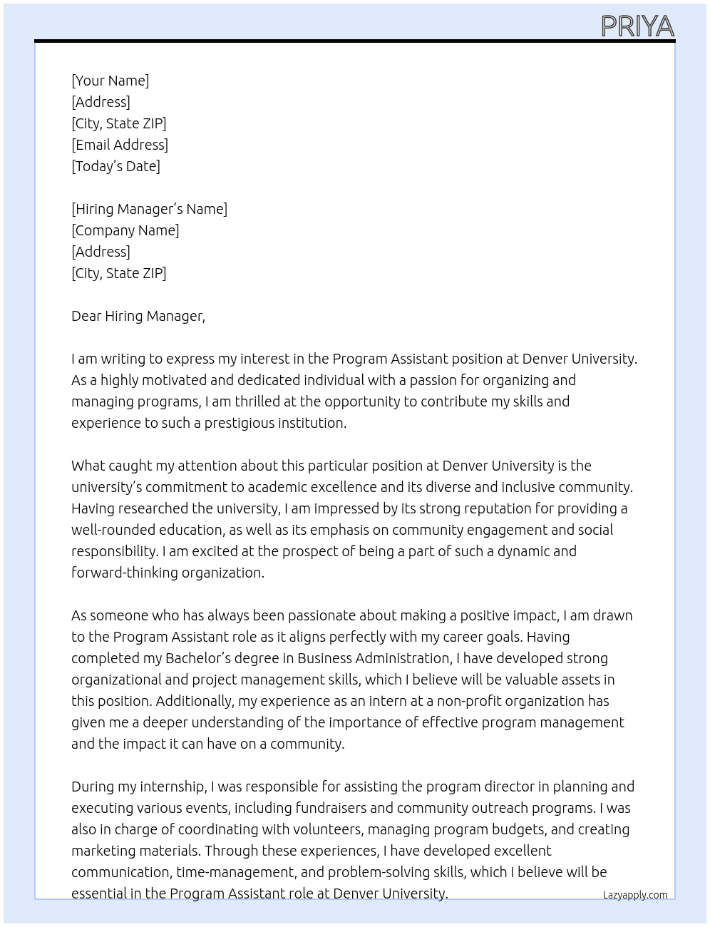 Program Assistant At Denver University Cover Letter