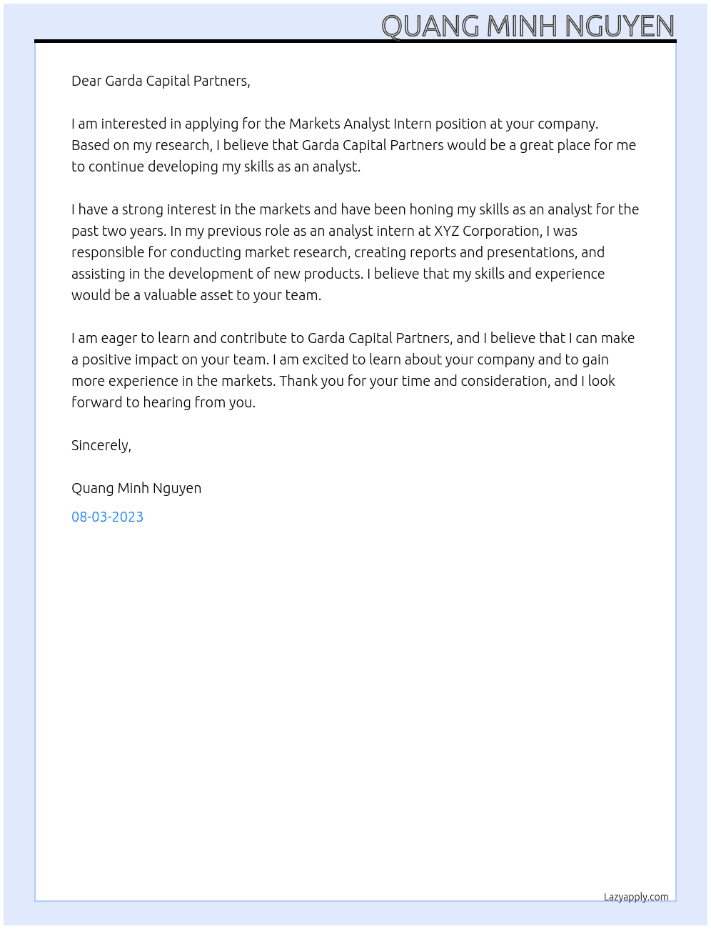 Markets Analyst Intern At Garda Capital Partners Cover Letter