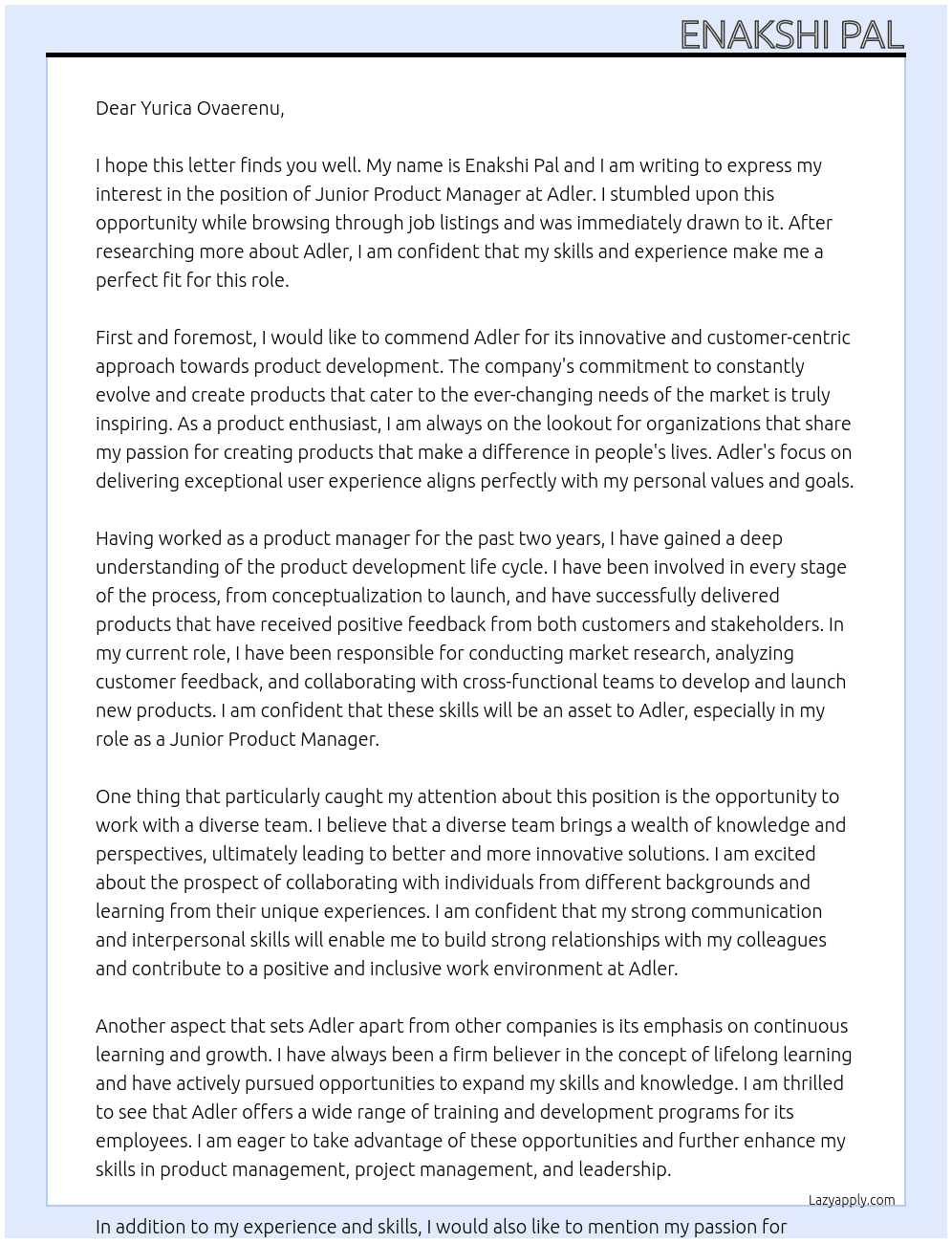 Junior Product Manager At Adler Cover Letter