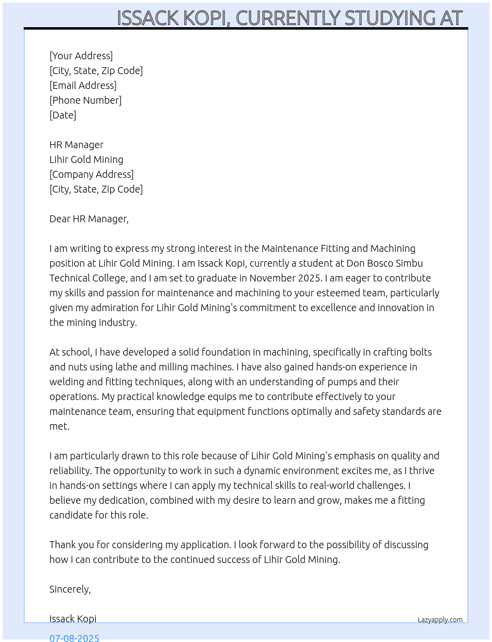 Maintenance Fitting and machining  At Lihir God minining  Cover Letter