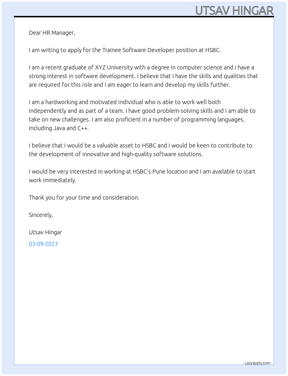 Trainee Software Developer At HSBC Cover Letter
