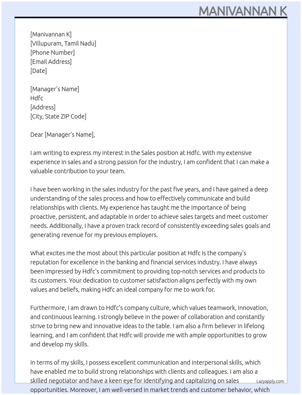 Sale  At Hdfc Cover Letter