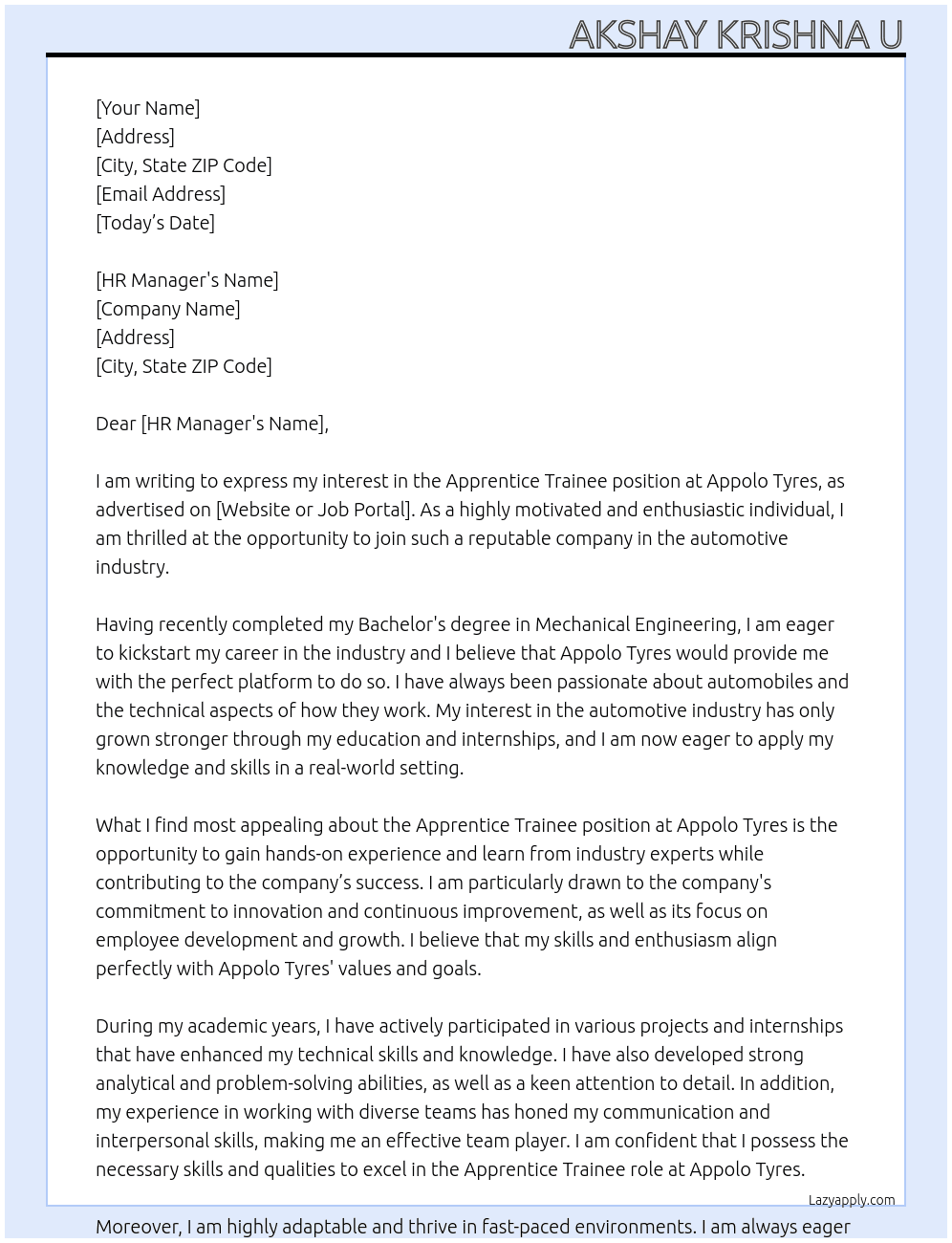 Apprentice Trainee At Appolo Tyres  Cover Letter