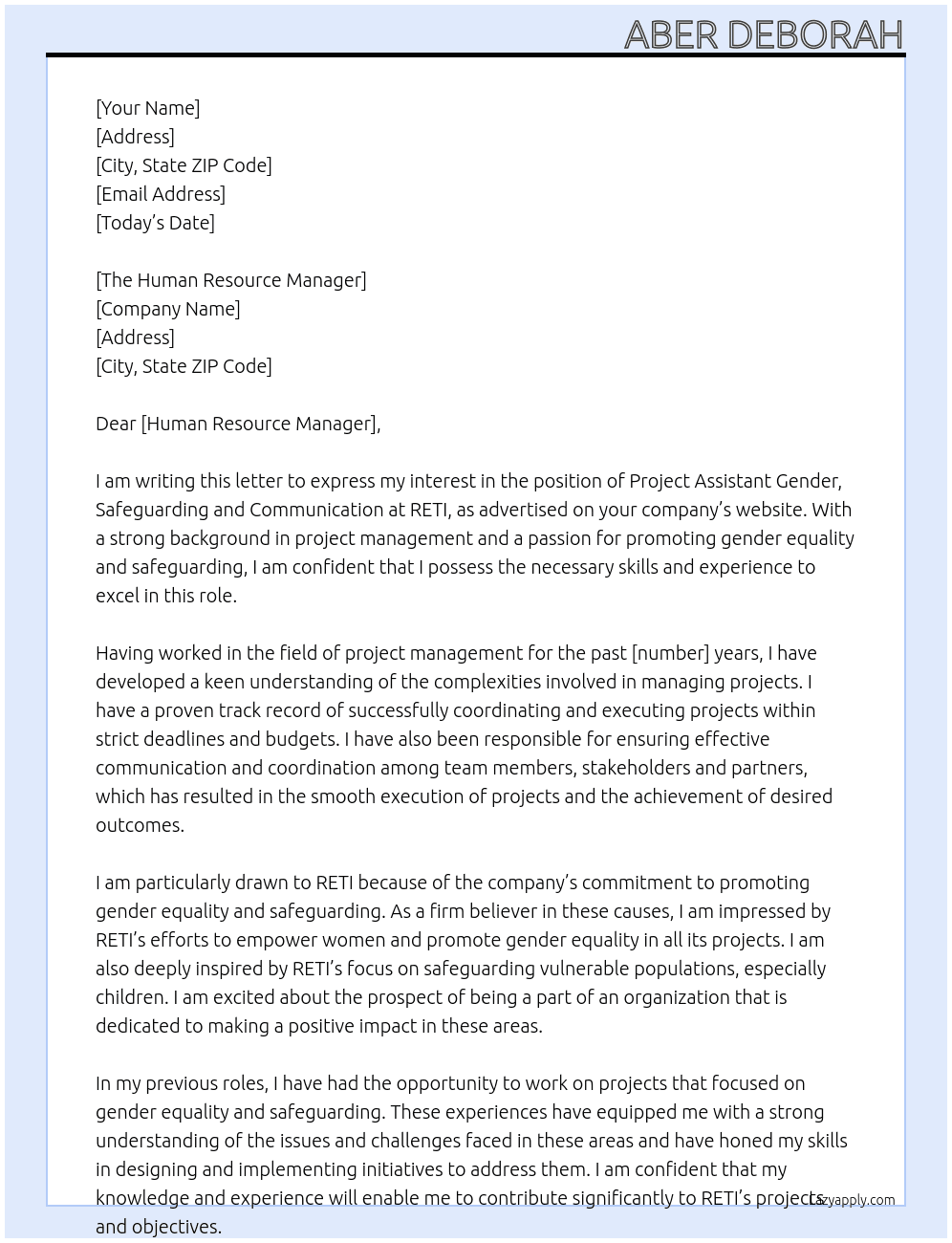 Project assistant Gender, Safeguarding and Communication At RETI Cover Letter