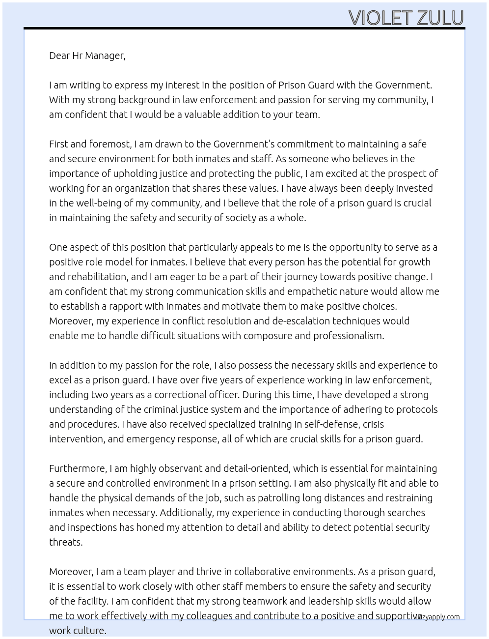 Cover letter for prison guard - LazyApply