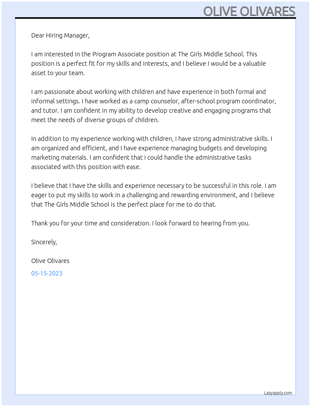 Program Associate At The Girls Middle School Cover Letter