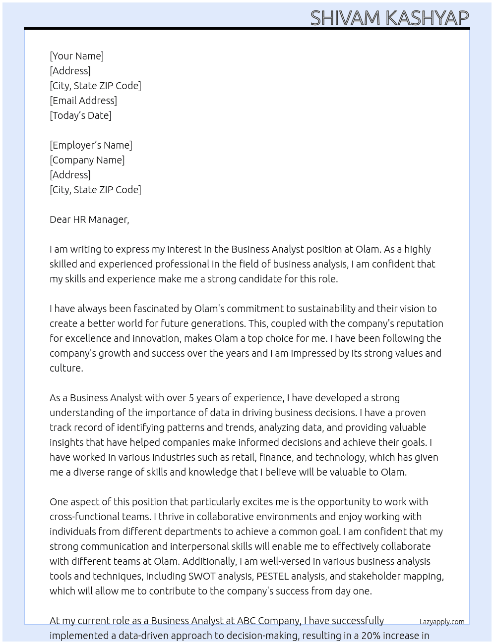 busness analyst At Olam Cover Letter