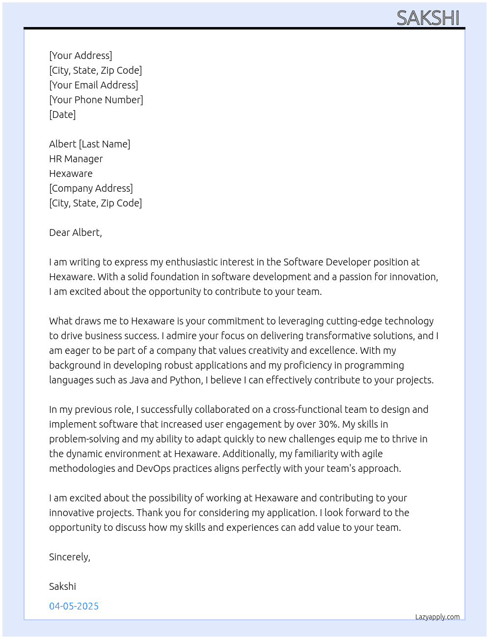 Software developer  At Hexaware  Cover Letter