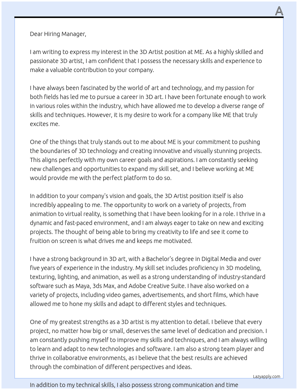 3D Artist At ME Cover Letter
