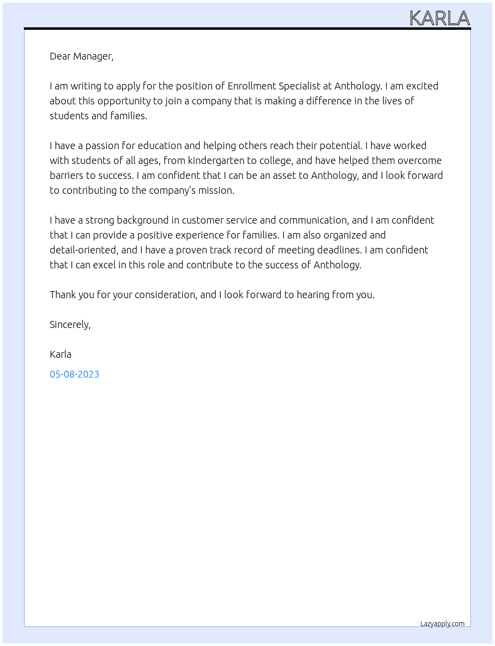 Enrollment specialist At Anthology Cover Letter