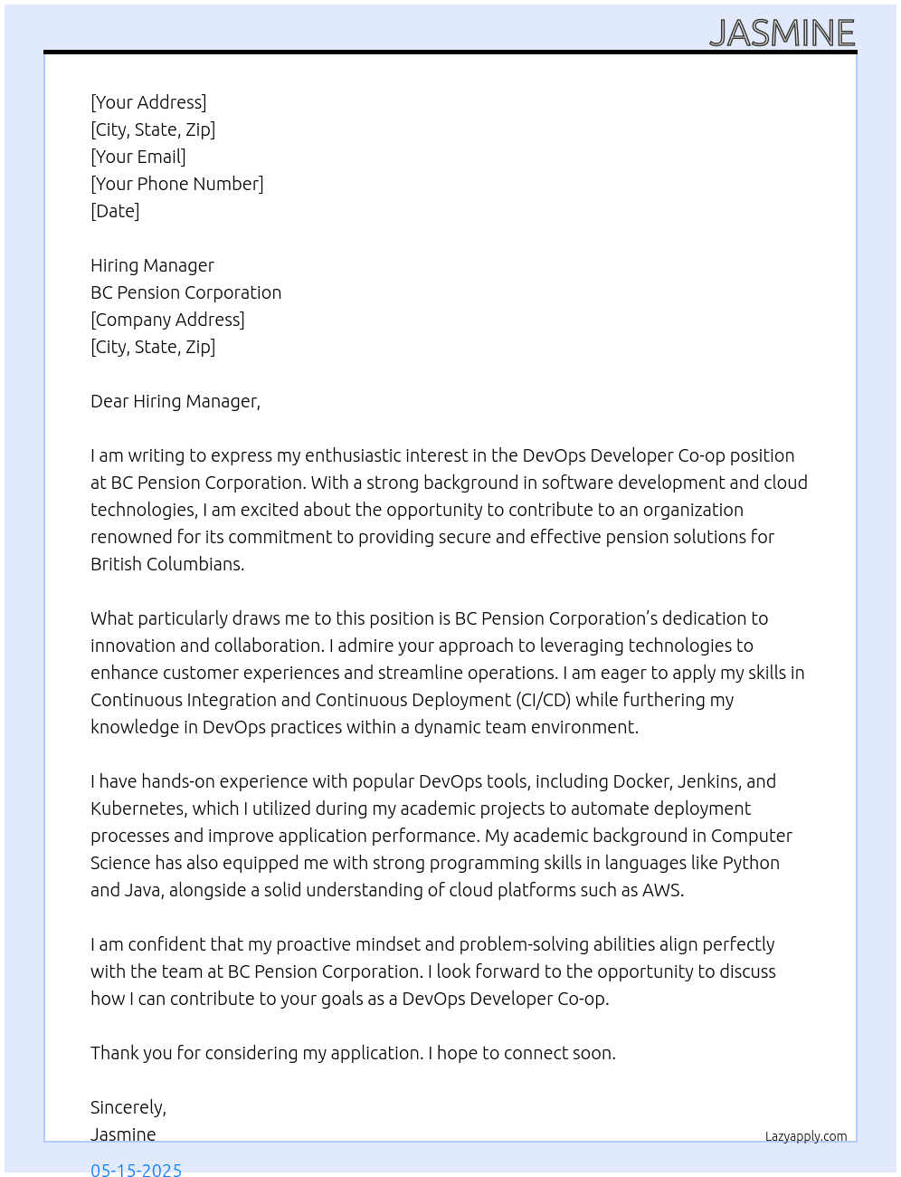 DevOps Developer Co-op At BC Pension Corporation  Cover Letter