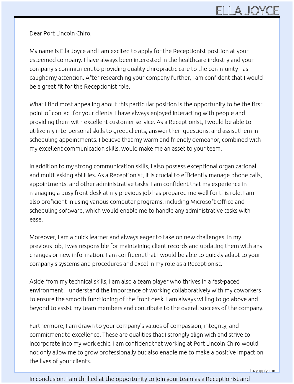 Receptionist At Port Lincoln Chiro Cover Letter