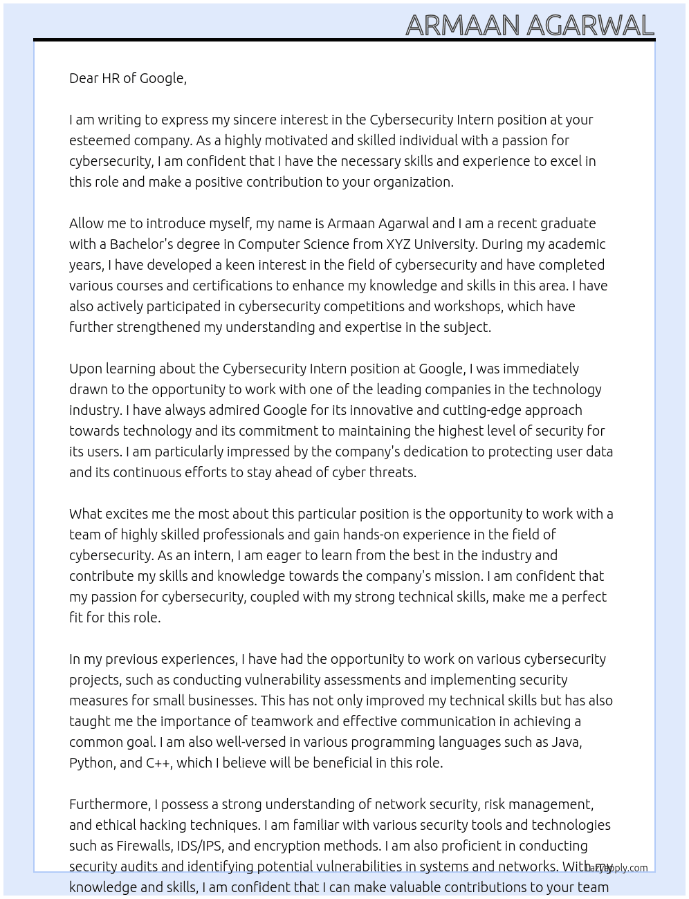 Cybersecurity Intern At Google Cover Letter