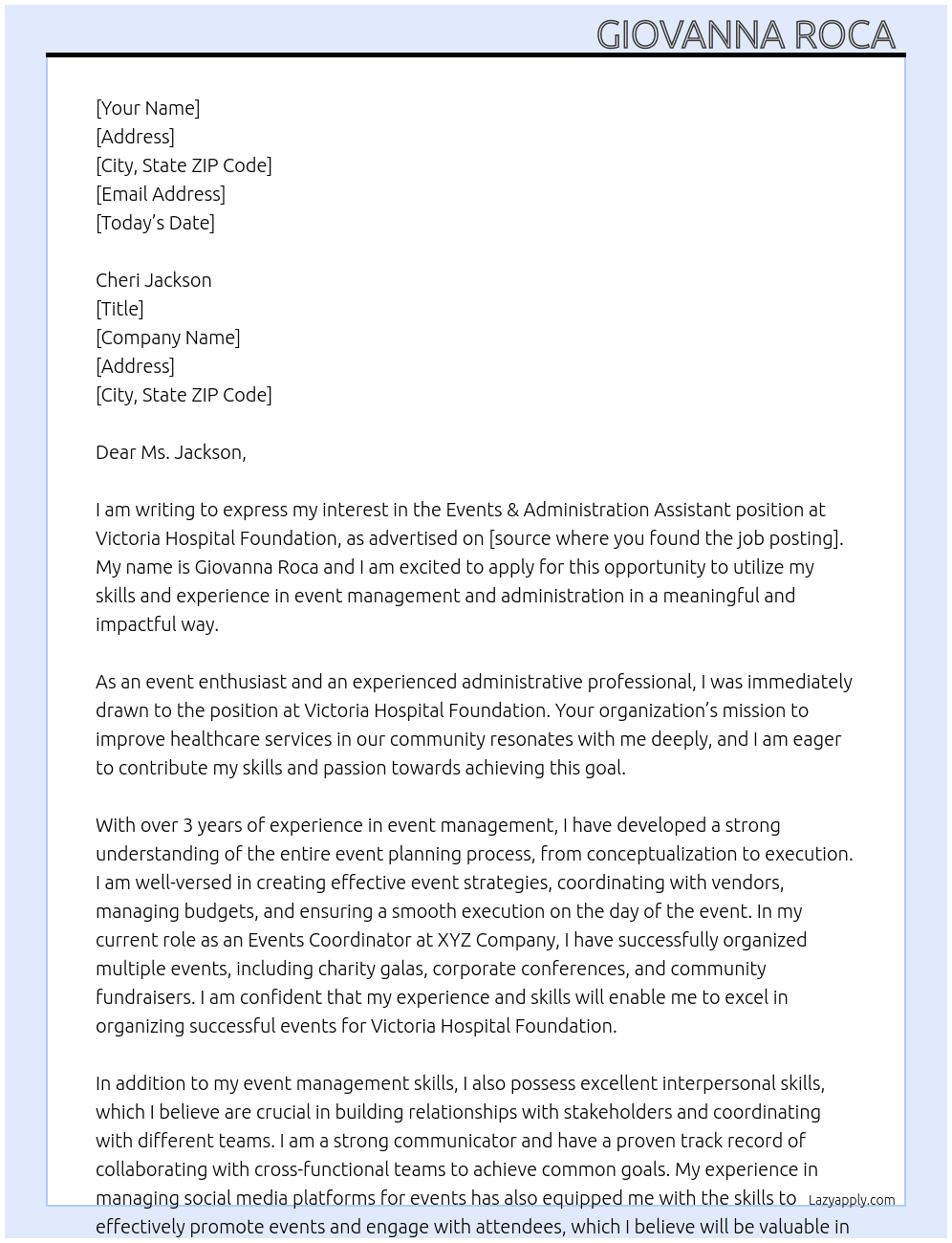 Events & Administration Assistant  At Victoria Hospital Foundation Cover Letter