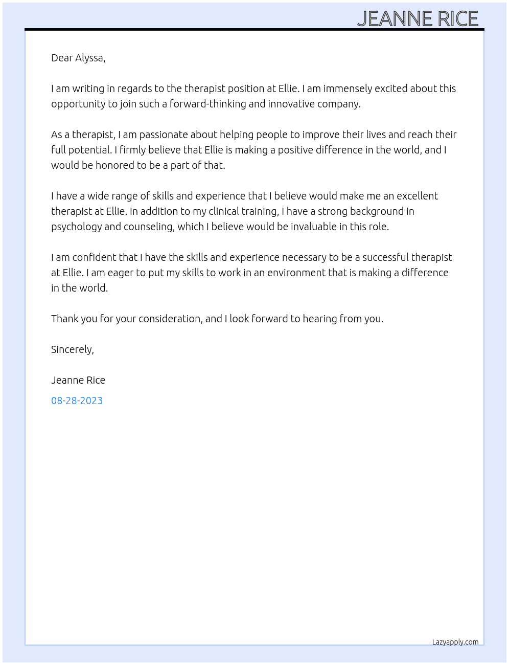 Therapist  At Ellie  Cover Letter