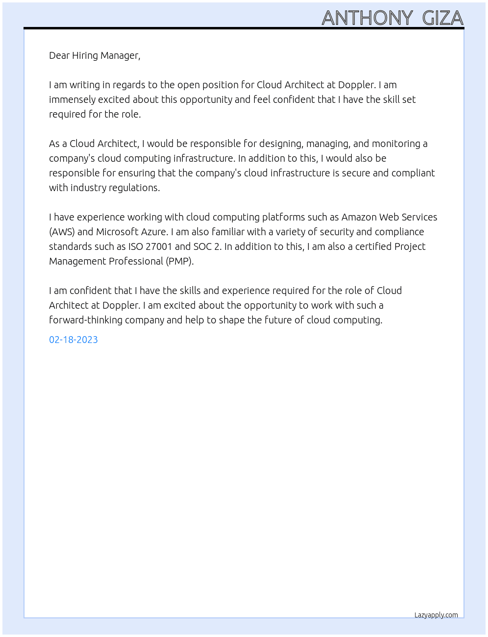 Cloud architect  At Doppler  Cover Letter