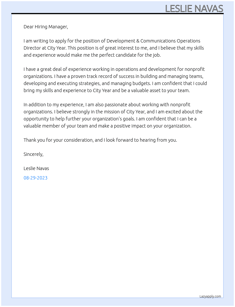 Development & Communications Operations Director At City Year Cover Letter