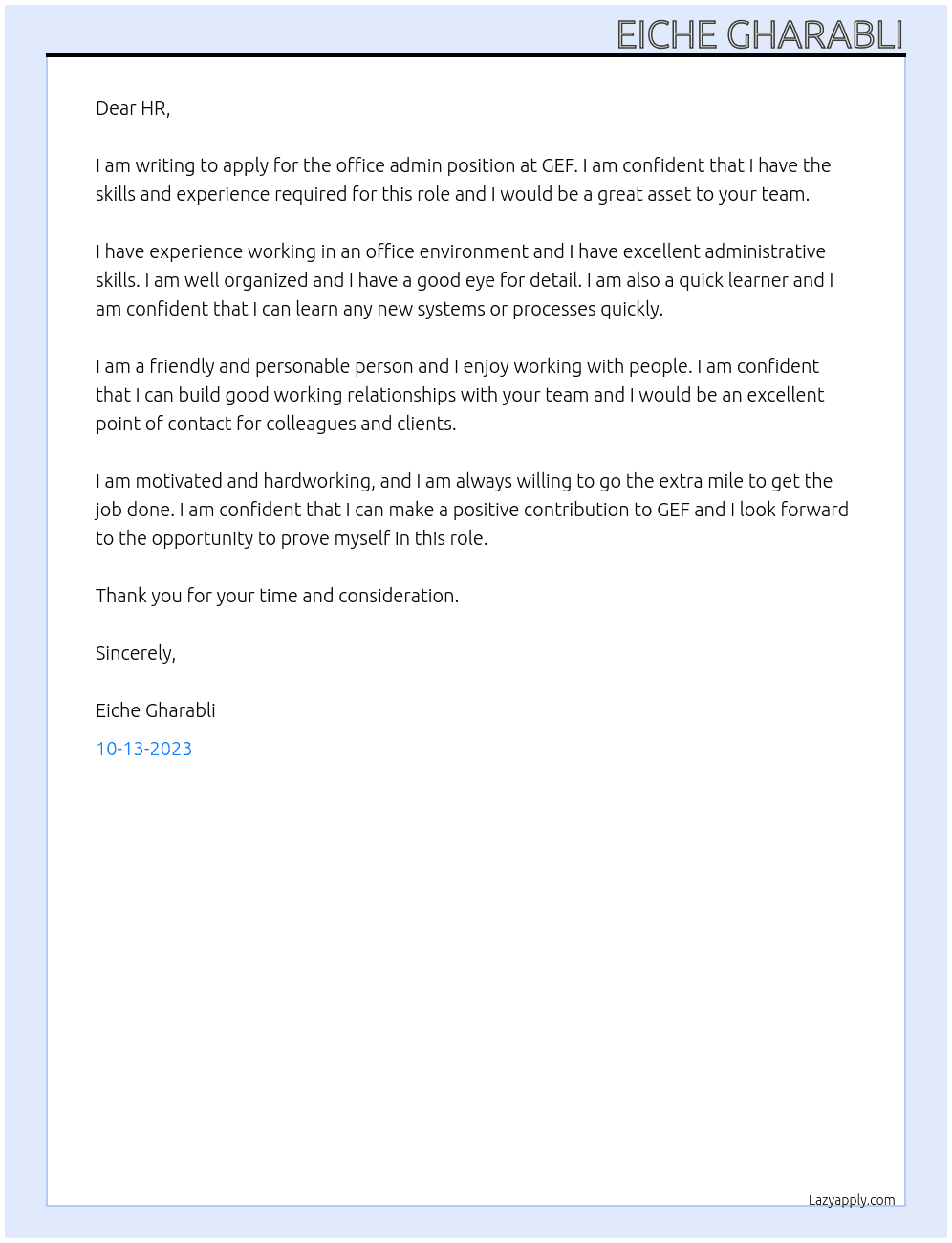 office admin At GEF Cover Letter