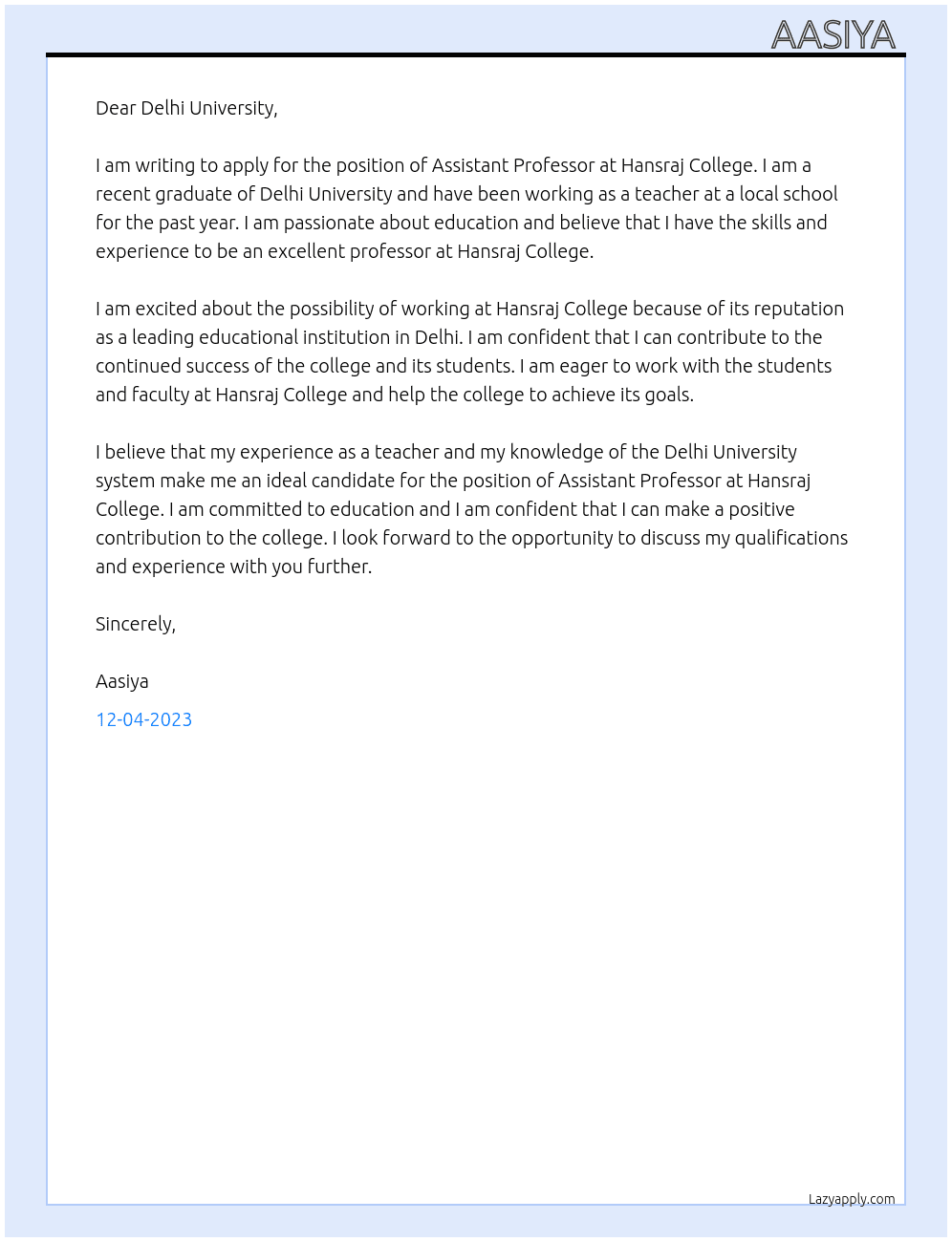 Assistant professor  At Hansraj College Delhi University  Cover Letter