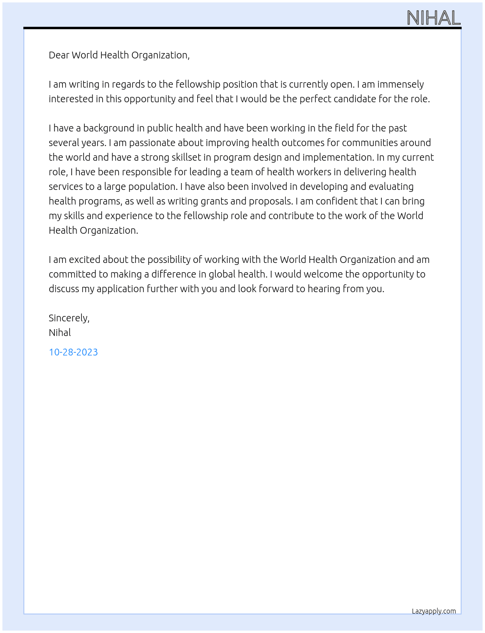 Fellowship  At World health organization Cover Letter