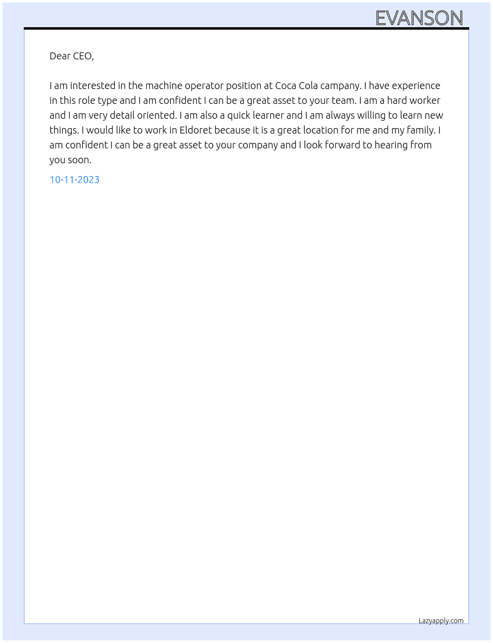 Machine operator  At Coca cola campany Cover Letter