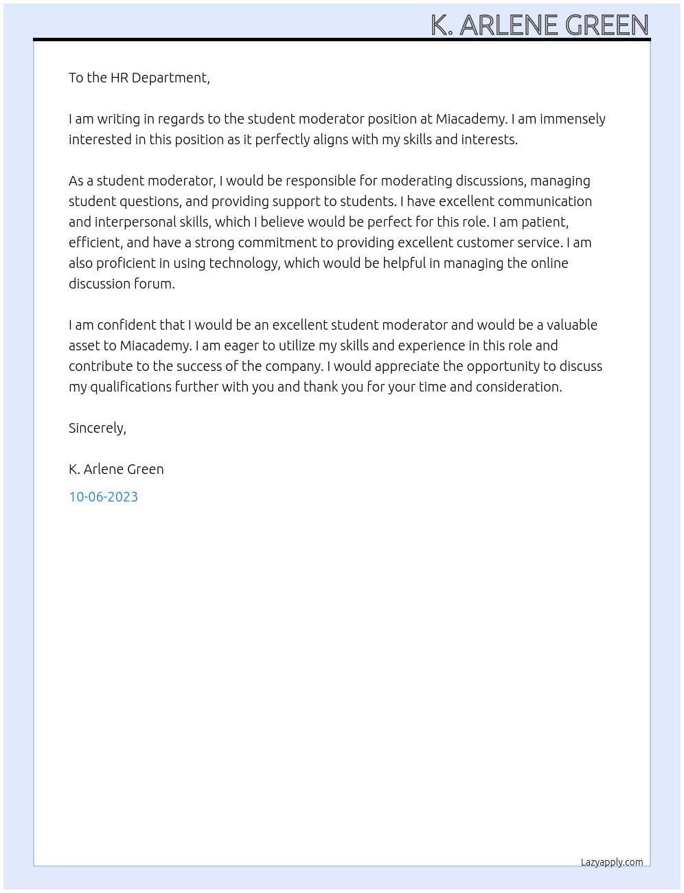 student moderator At Miacademy Cover Letter