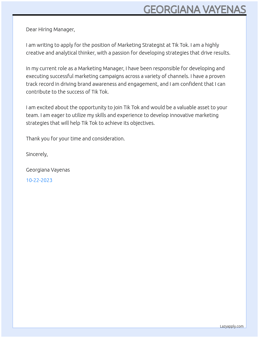 Marketing Strategist At Tik Tok Cover Letter