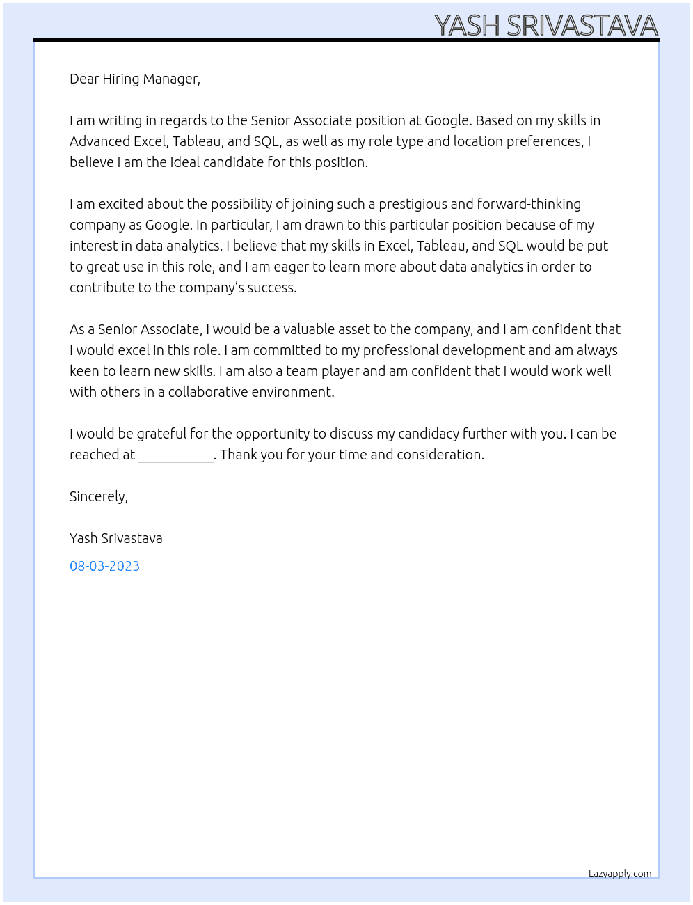 Senior Associate At Google Cover Letter