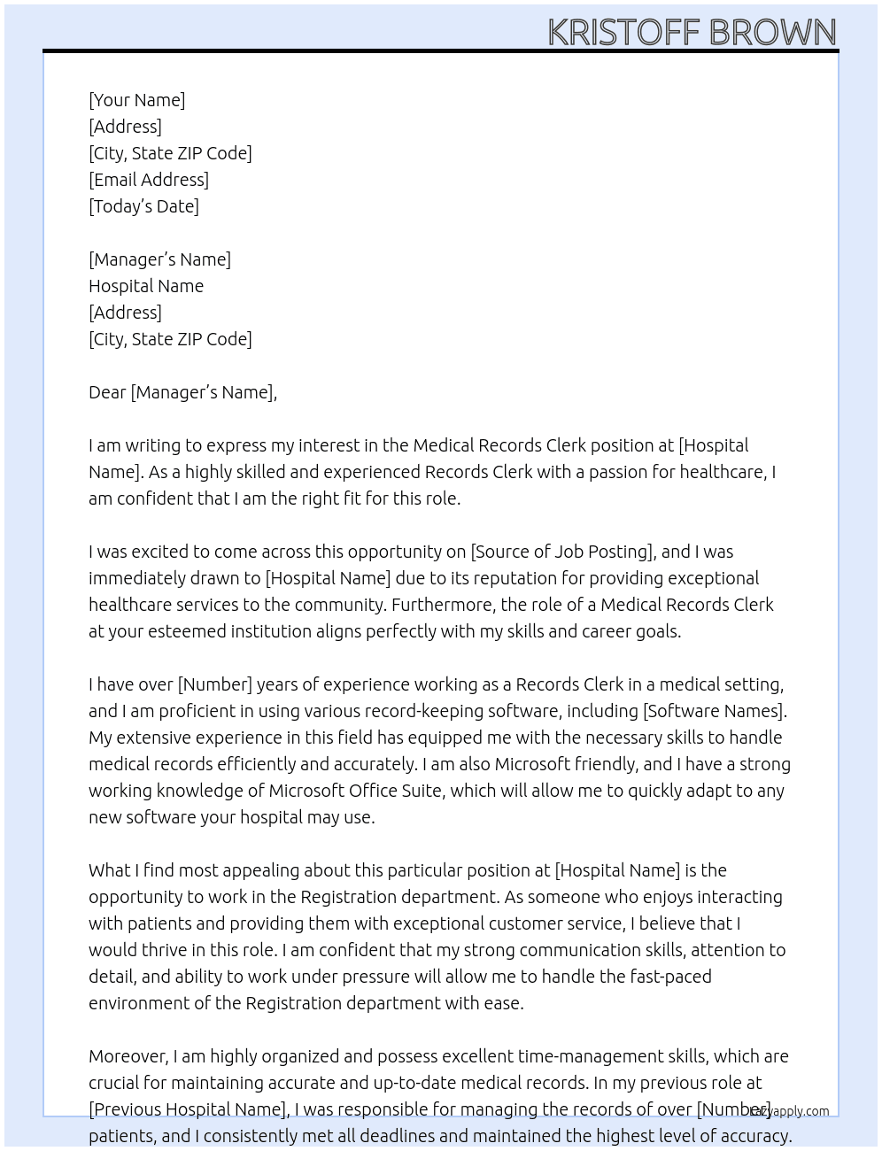 Records clerk At Hospital  Cover Letter